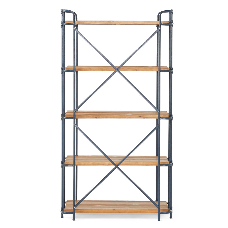 Yorktown - Industrial 5 Shelf Bookcase With Metal Pipework And Solid Fir - Natural