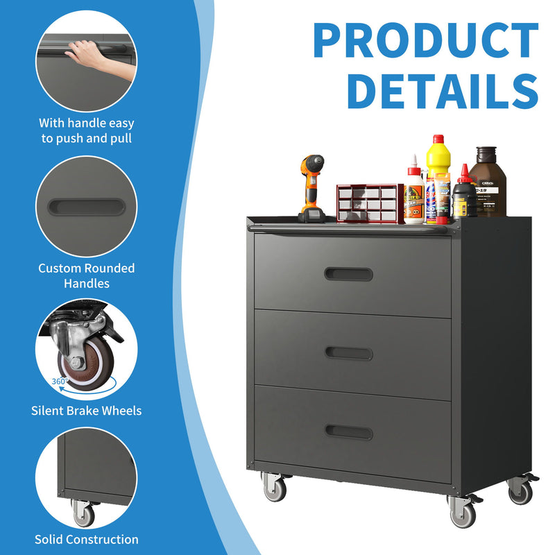 Heavy Duty Metal Storage Cabinet With Wheels 3 Drawer Tool Cabinet For Garage, Office, And Home Organizer Solutions
