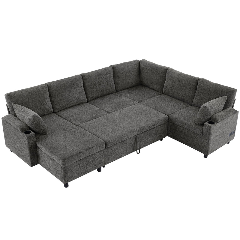 U-Shaped Sectional Sleeper Sofa With Ample Storage Space, 2 Cup Holders And Charging Ports For Living Room