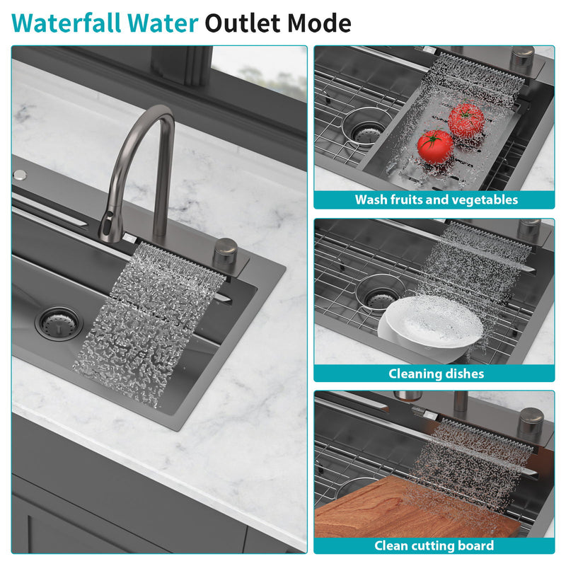 33" Stainless Steel Single Bowl Kitchen Sink With Waterfall Flow