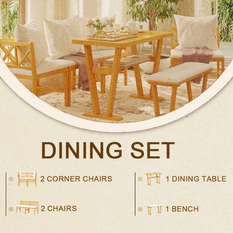 Farmhouse Solid Wood Dining Nook Set For 6, Space Saving High Top Corner Table With Bench & Chairs - Natural / White