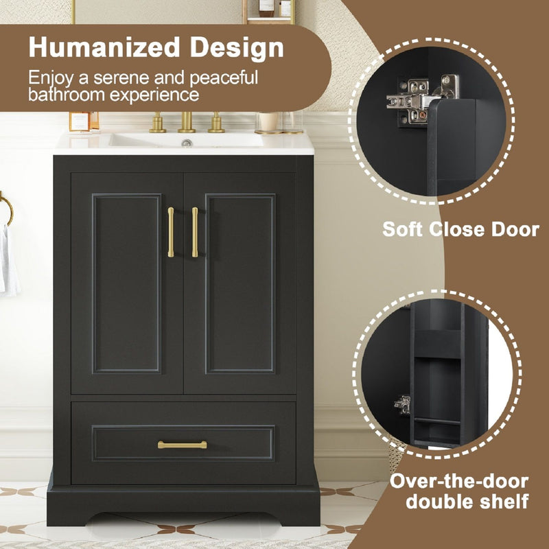 Bathroom Vanity With Sink, 1 Divided Drawer And 2 Soft Close Doors With Double Shelf
