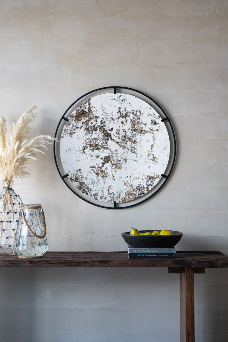 Theodor - Mirror With Industrial Design Round Mirror With Metal Frame For Wall Decor & Entryway Console Lean Against Wall - Black
