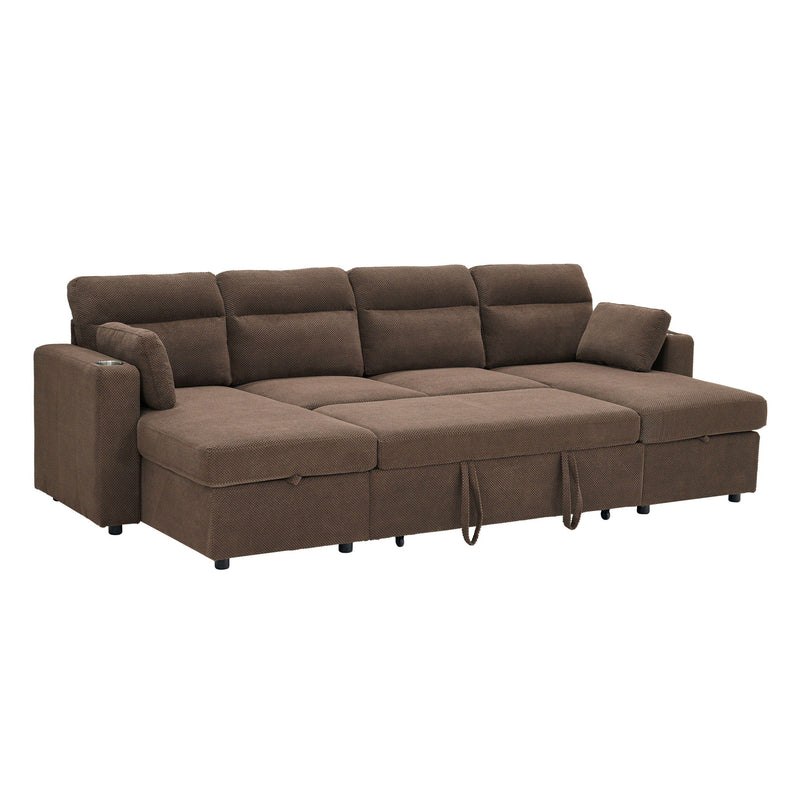 Convertible Sectional Sofa With Storage Chaise, Cup Holders And Pull Out Sleeper