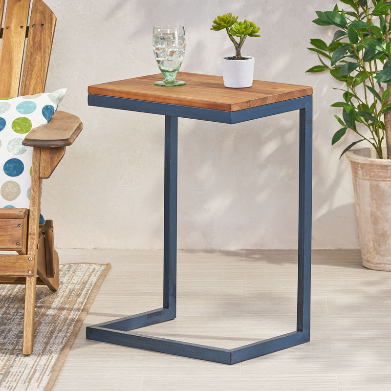 C Shaped End Table With Iron Base And Fir Wood To