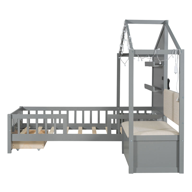 House Bed With Upholstered Sofa, Wireless Charging Station, Shelves And 2 Drawers