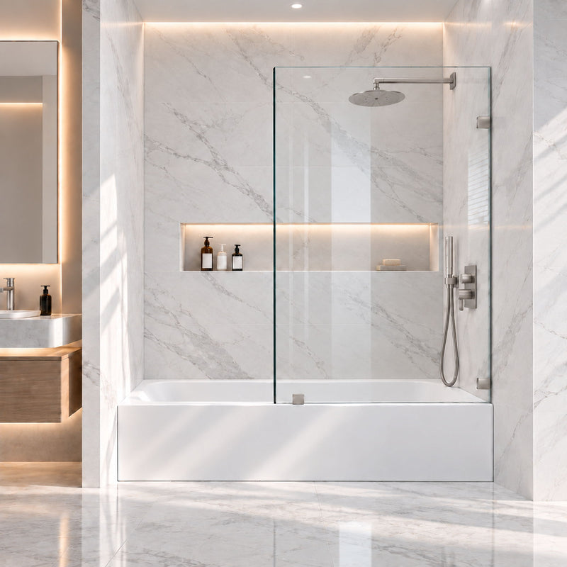 Frameless Bathtub Shower Screen, Reversible Installation