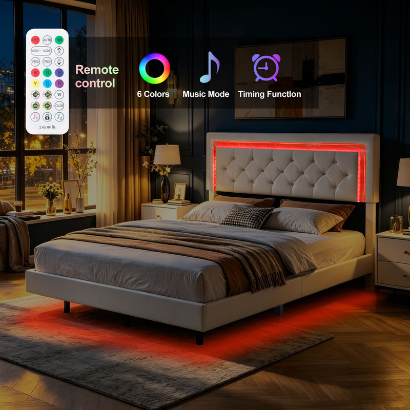 Platform Bed Frame With Adjustable Upholstered Headboard, RGB LED Lights, No Box Spring Needed