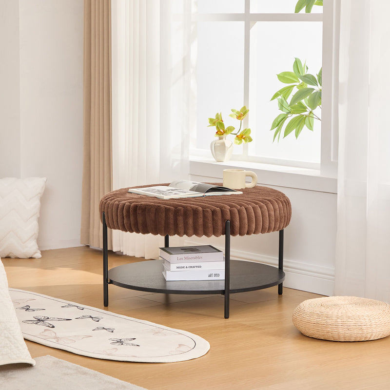 Modern Upholstered Round Ottoman Coffee Table With Storage Shelf