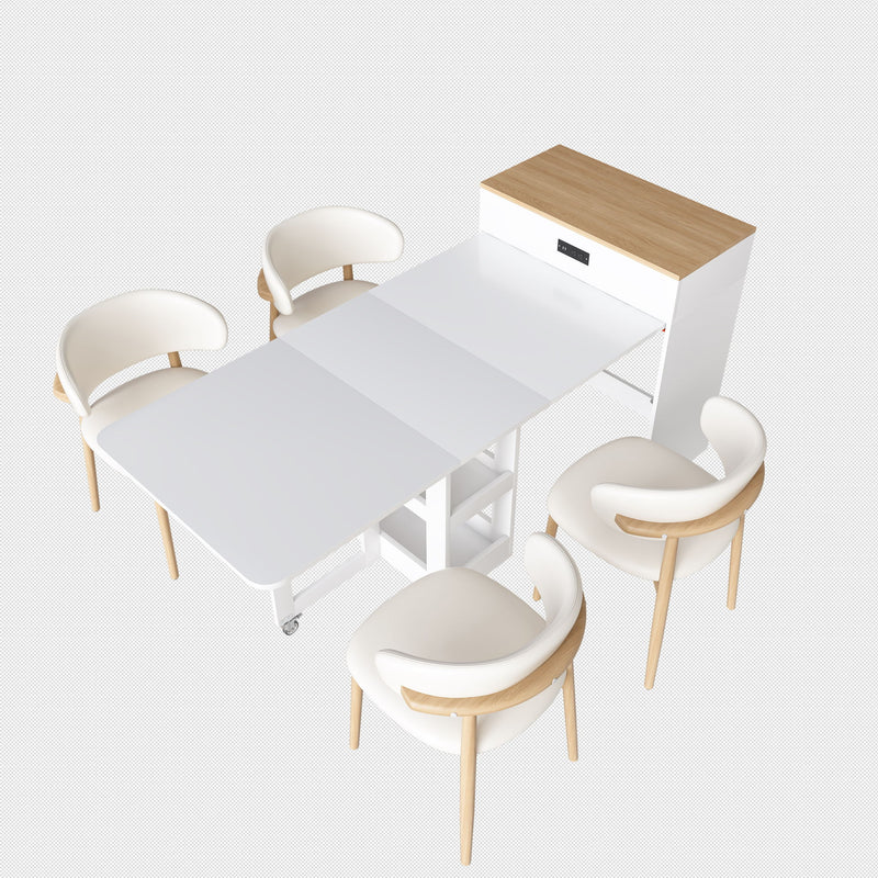 Extendable Dining Table With Power Socket, Lockable Casters, Storage Cabinet