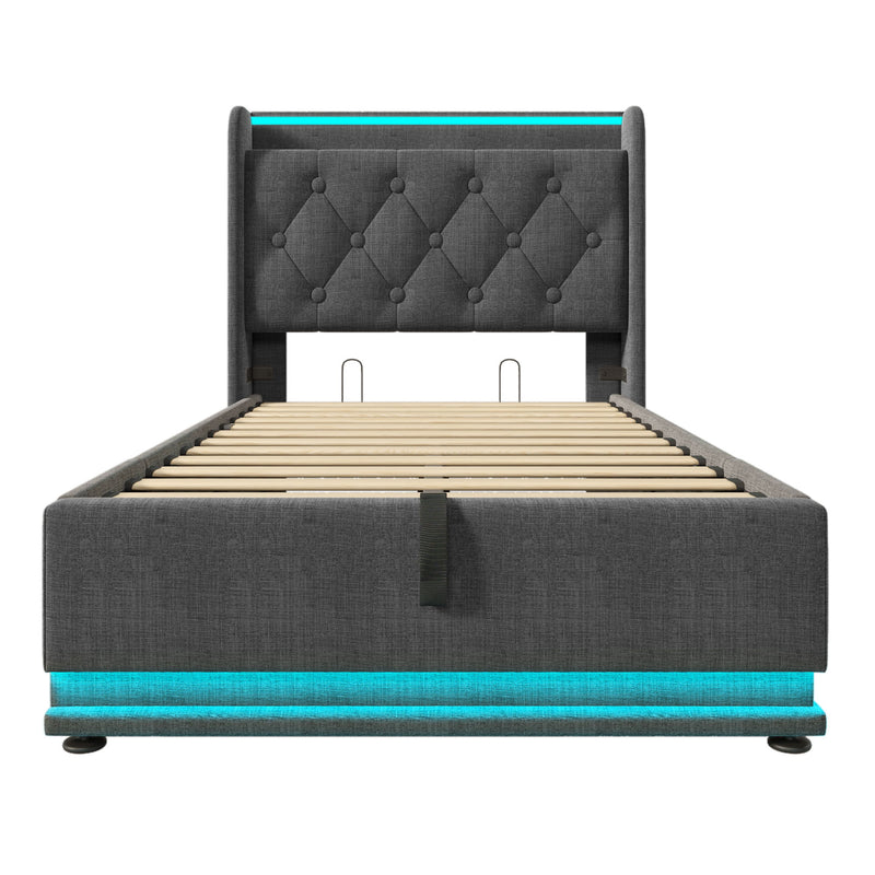 Upholstered Bed, 360 Surround LED Function, Remote Control, Hydraulic Storage Bed With USB, Type-C Charging (Without Mattress)
