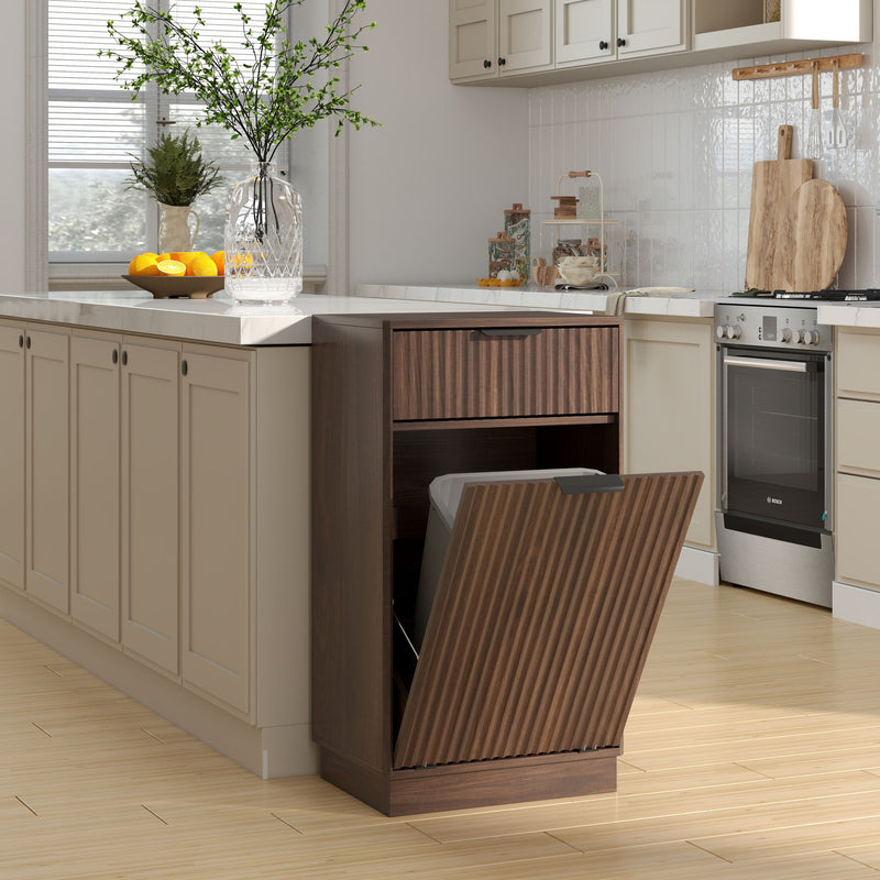 Tilt Out Trash Can Cabinet With Wave Textured Drawer & Pull Out Bin
