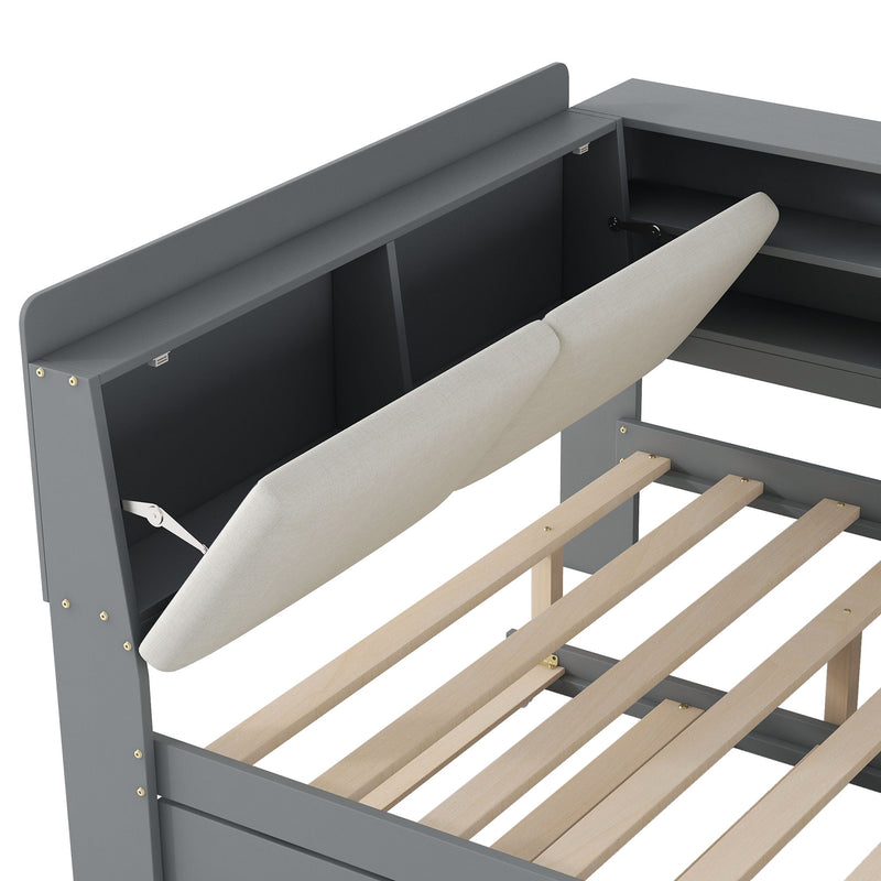 Platform Bed With Trundle, Shelves, And Storage Headboard