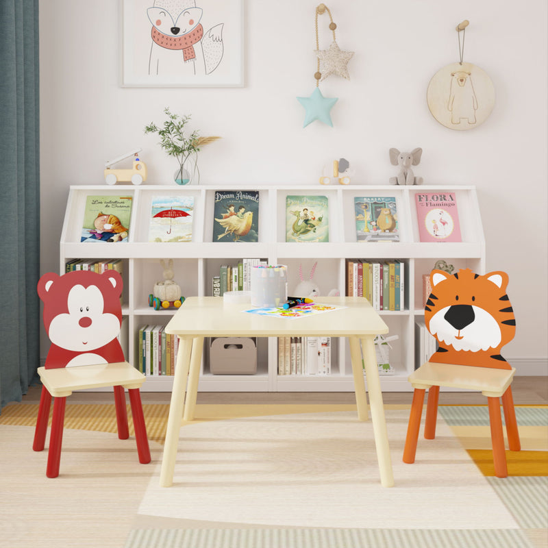 Table And 2 Chairs Set, Activity Play Table Set With Bear & Tiger Design - Natural