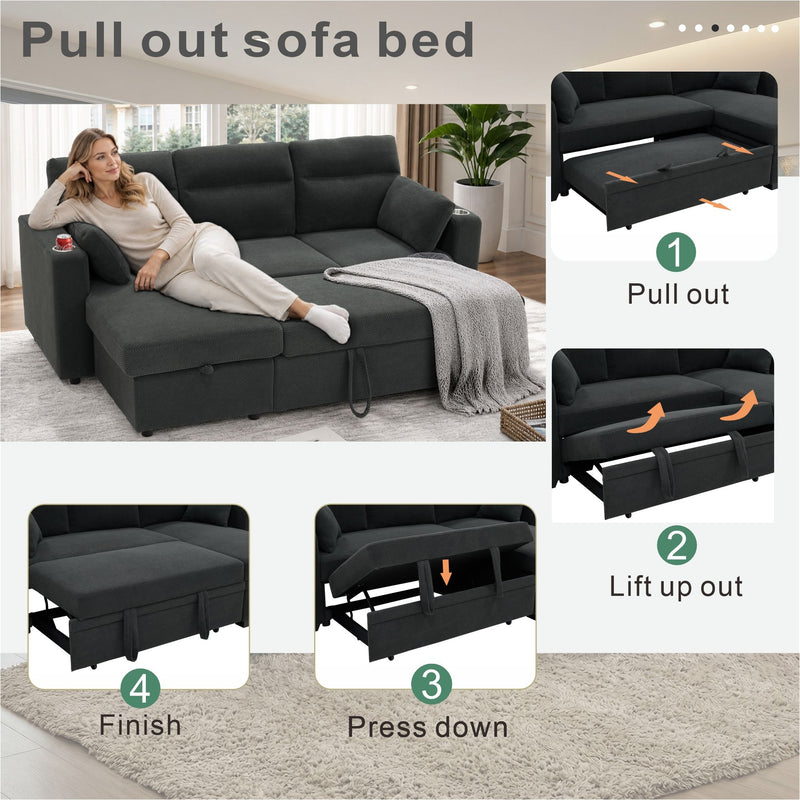 Convertible Sectional Sofa With Storage Chaise, Cup Holders And Pull Out Sleeper