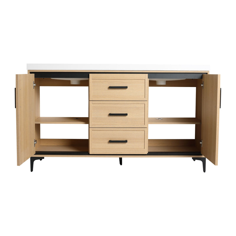 Original 60" Freestanding Bathroom Vanity With Double Resin Sink Plywood Soft Closing Doors & Drawers - Oak