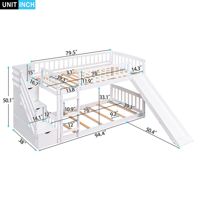 Twin Over Twin Stairway Bunk Bed With Two Drawers And Slide