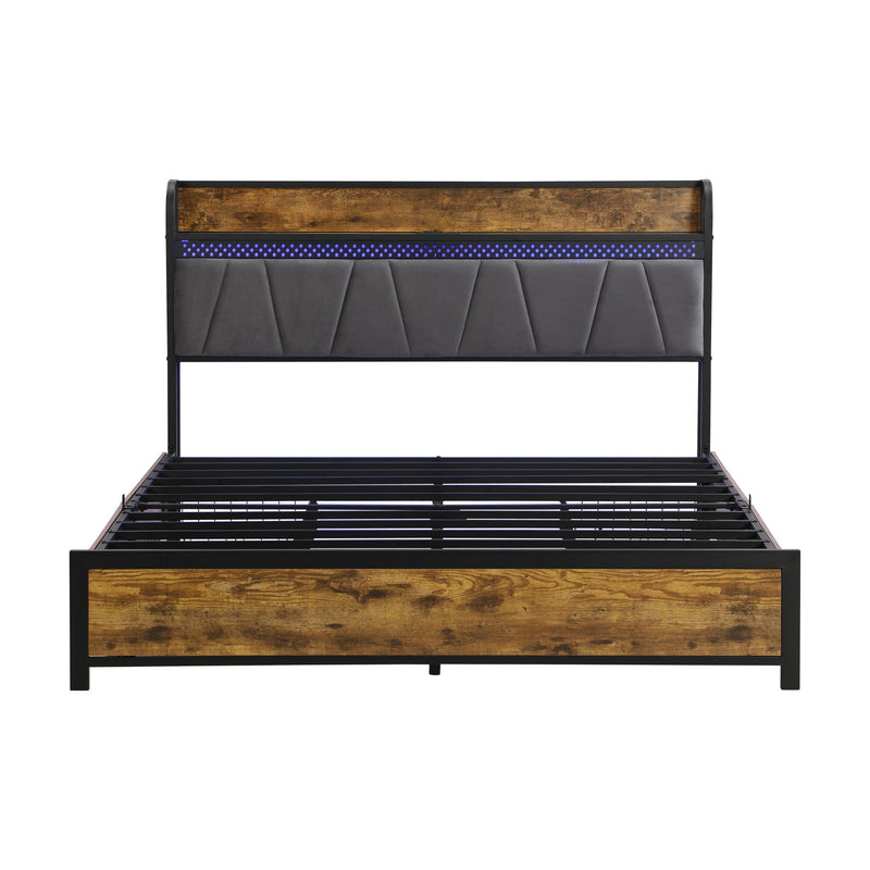 Contemporary Bed Frame With Storage Headboard, Charging Station, LED Lights