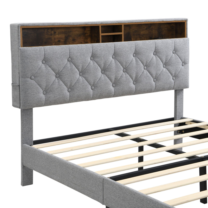 Modern Upholstered Platform Bed Frame With Button Tufted Headboard And USB Ports