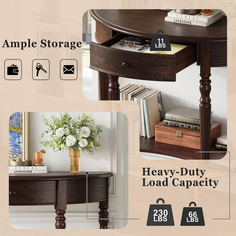 Half Moon Console Table With Drawer & Shelf