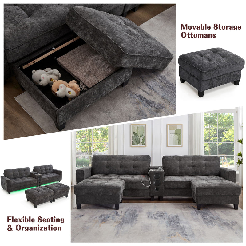 Modern Sectional Sofa U-Shaped With Movable Ottomans, tooth Speakers, LED Lights And Modular Storage