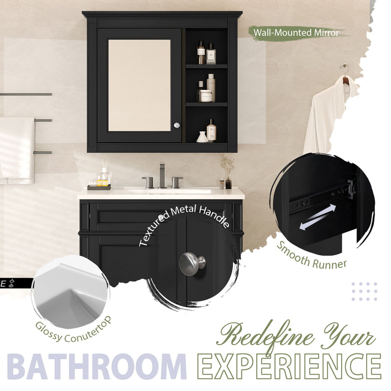 Bathroom Vanity With Top Sink, 2 Doors And 3 Drawers, Freestanding Set With Mirror Cabinet