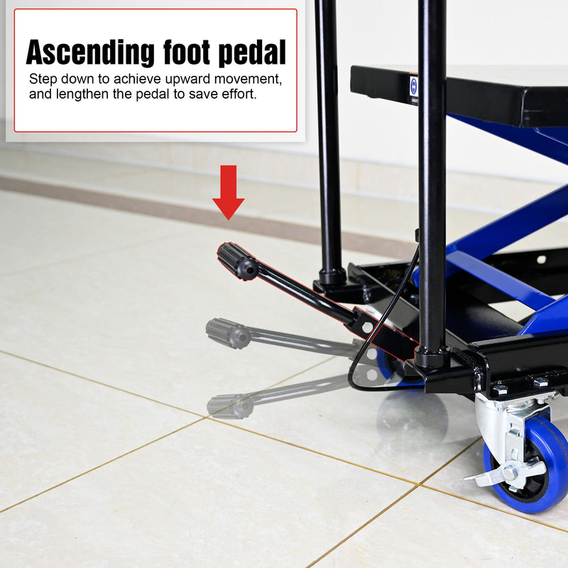 Hydraulic Lift Trolley, 500 Lbs Capacity, With 4 Wheels, For Material Handling And Transportation - Black / Blue