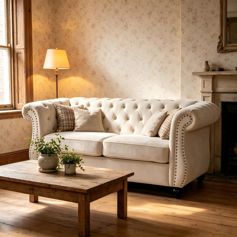 Chesterfield Button Tufted Loveseat With Rolled Arms - Ivory