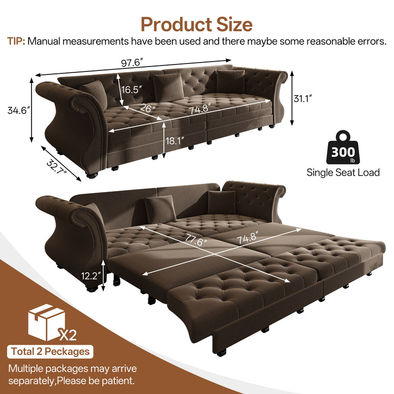 Oversized Chesterfield Pull Out Sofa Bed, Roll Arm Couch With Flower Tufting For Living Room