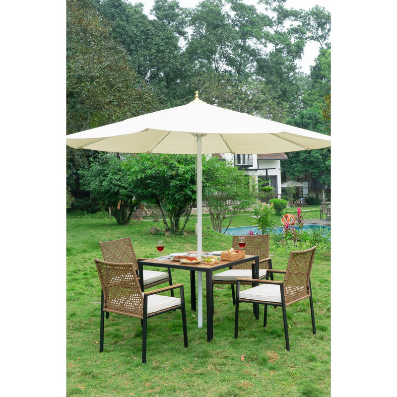 5 Piece Patio Dining Table Set, Acacia Wood Table Top With Umbrella Hole