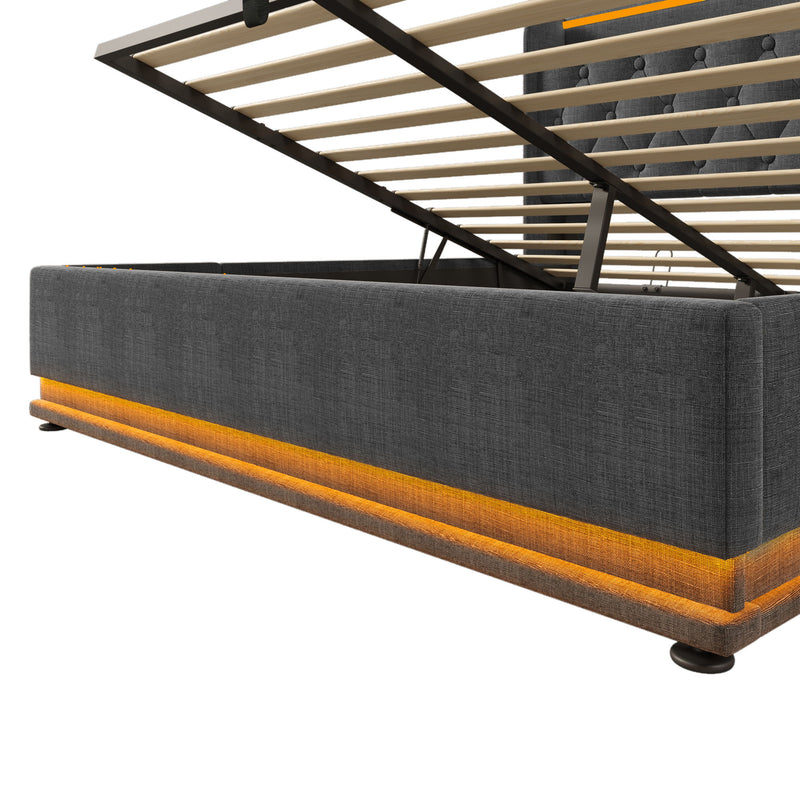 Upholstered Bed, 360 Surround LED Function, Remote Control, Hydraulic Storage Bed With USB, Type-C Charging (Without Mattress)