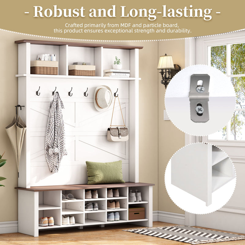4 In 1 Hall Tree With 6 Hooks, Entryway Bench With Adjustable Shelves - White