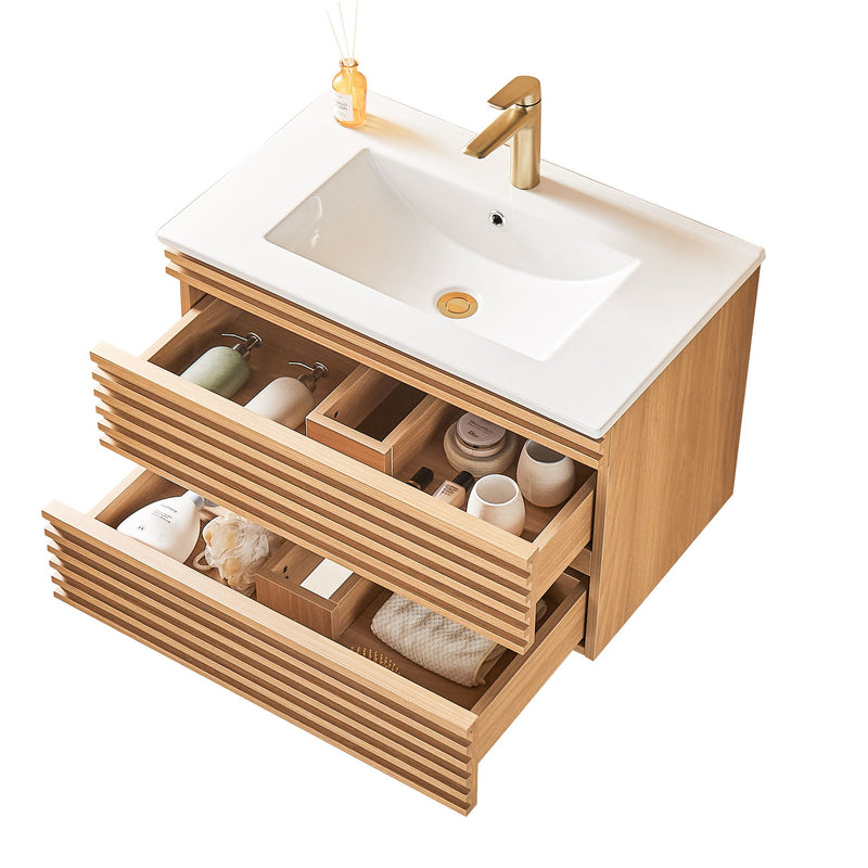 Wall Mounted & Floating Single Vanity With Ceramic Sink - Natural Walnut