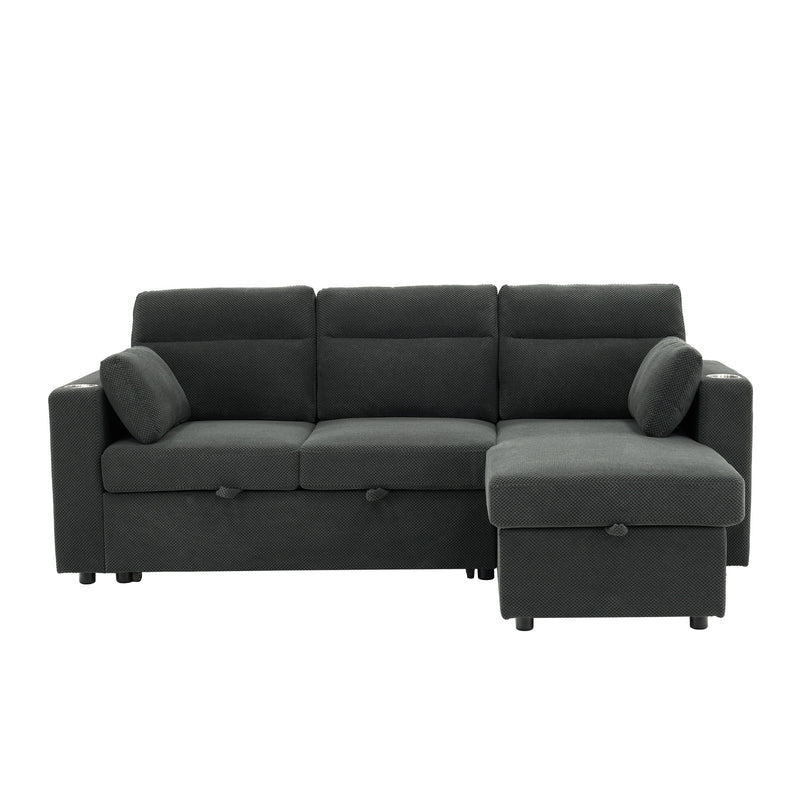 Convertible Sectional Sofa With Storage Chaise, Cup Holders And Pull Out Sleeper