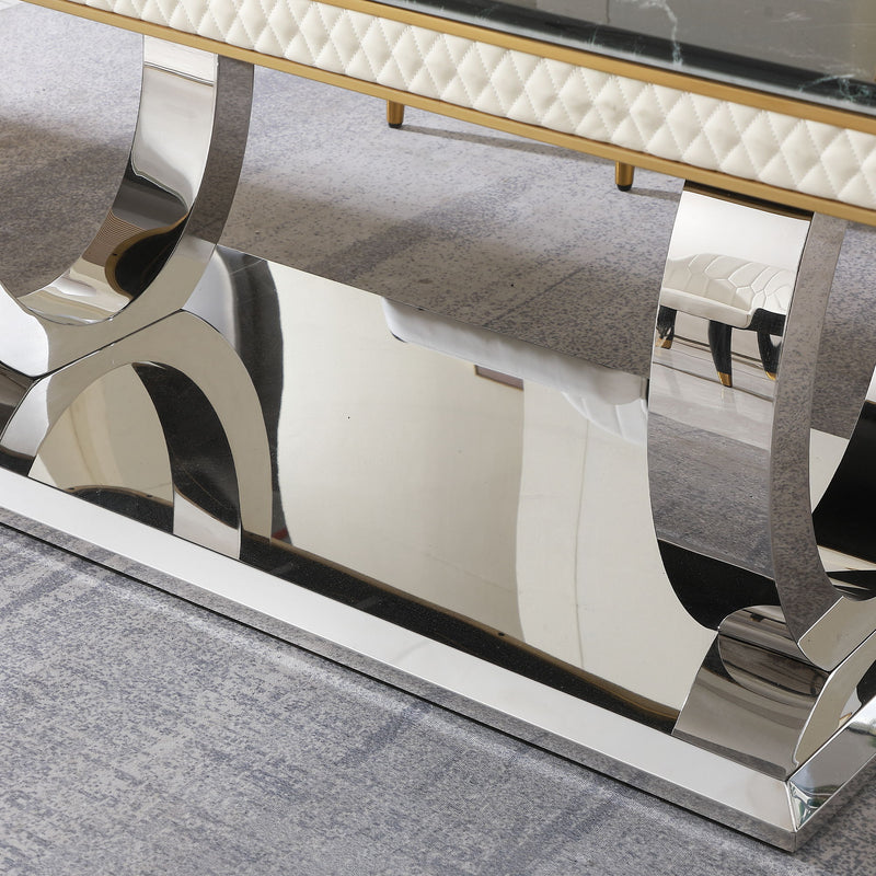 Luxury Modern Dining Table With Faux Marble Top And Dual Circle Base - Black