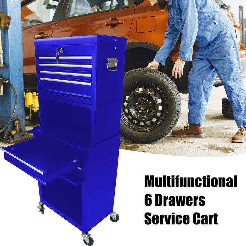6 Drawer Lockable Tool Cabinet On Wheels, Steel Rolling Tool Chest With Detachable Toolbox