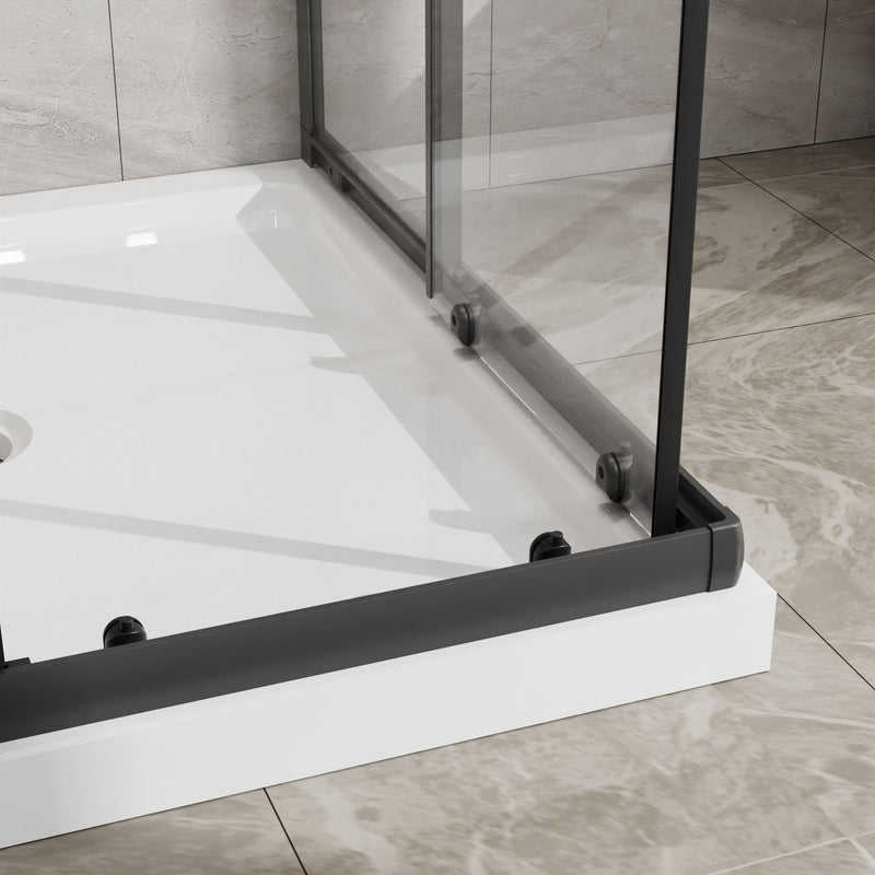Corner Shower Enclosure, Double Sliding Door & Shower Base - Matte Black