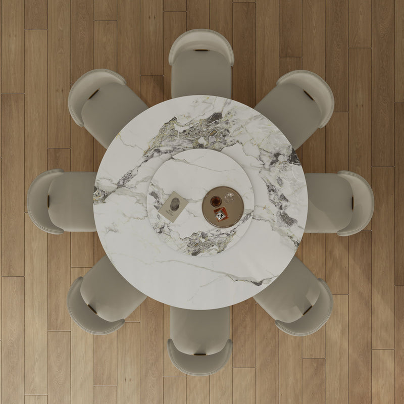 Luxury Round 59" Sintered Stone Dining Table With Stainless Steel Hourglass Base, Scratch & Heat Resistant Surface - Golden / White