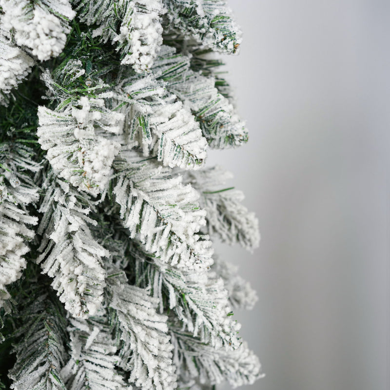 Slim Snow Flocked Pre Lit Pencil Christmas Tree, 3.9Ft / 5.9Ft / 7.9Ft With 750 Branch Tips, 480 LED Lights, Warm Glow, For Indoor Holiday Decor - White