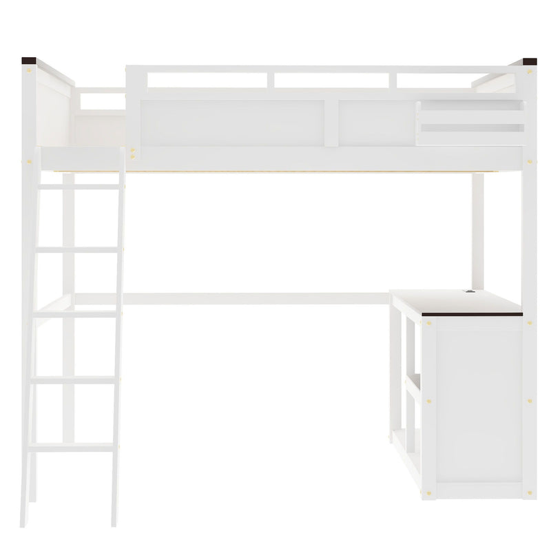 Queen Size Loft Bed With Desk, Open Shelf, Storage Box And USB Charging Station - White
