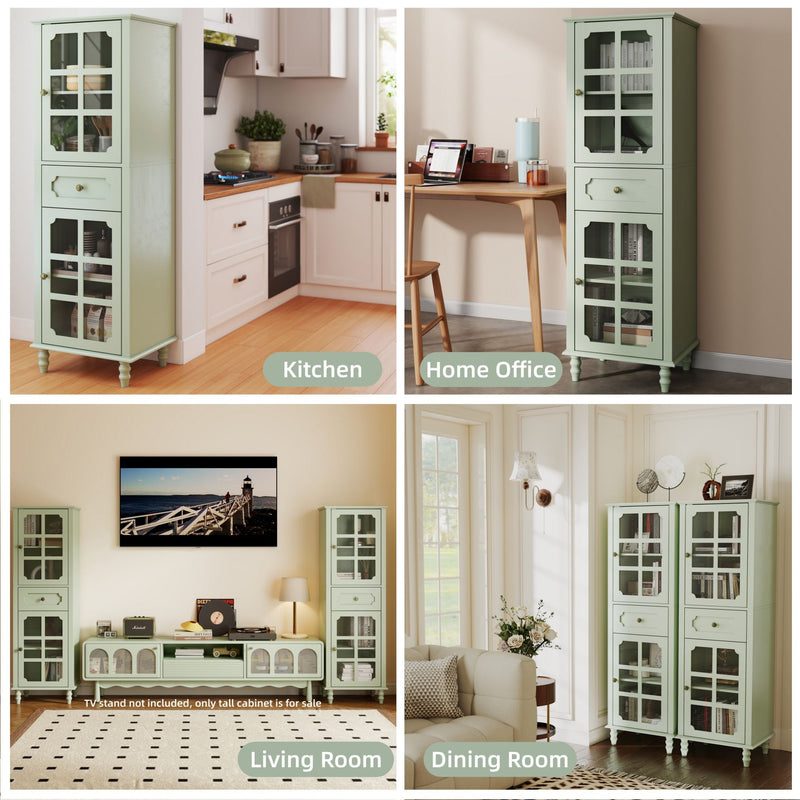 Storage Cabinet, Freestanding Curio Cabinet With Grid Doors & Drawer, Pantry Display Cabinet For Kitchen