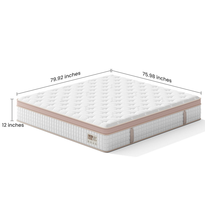 12" Firm Hybrid Mattress, Gel Memory Foam & Pocket Springs, Pressure Relief, Motion Isolation, Ergonomic Bed - White - King