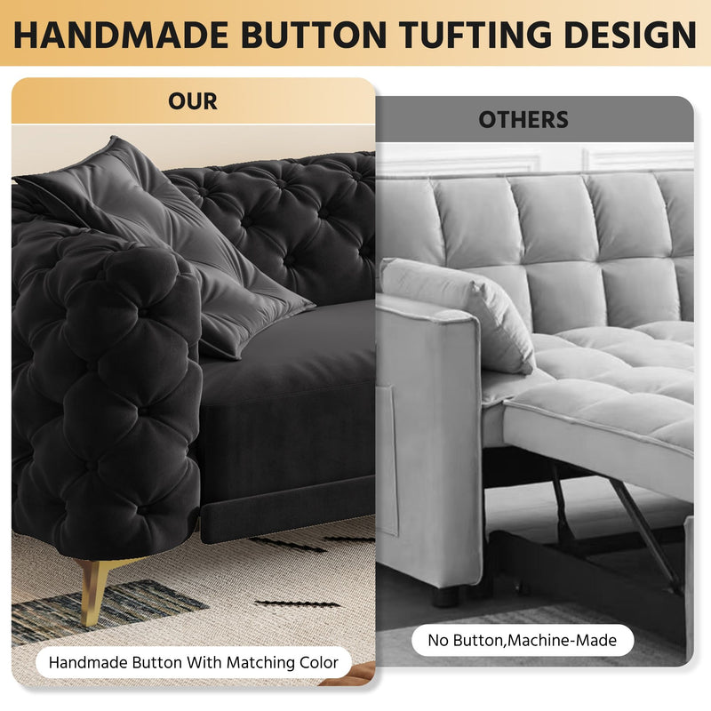 3 In 1 Convertible Sleeper, Deep Seat Pull Out Sofa Bed, Button Tufted