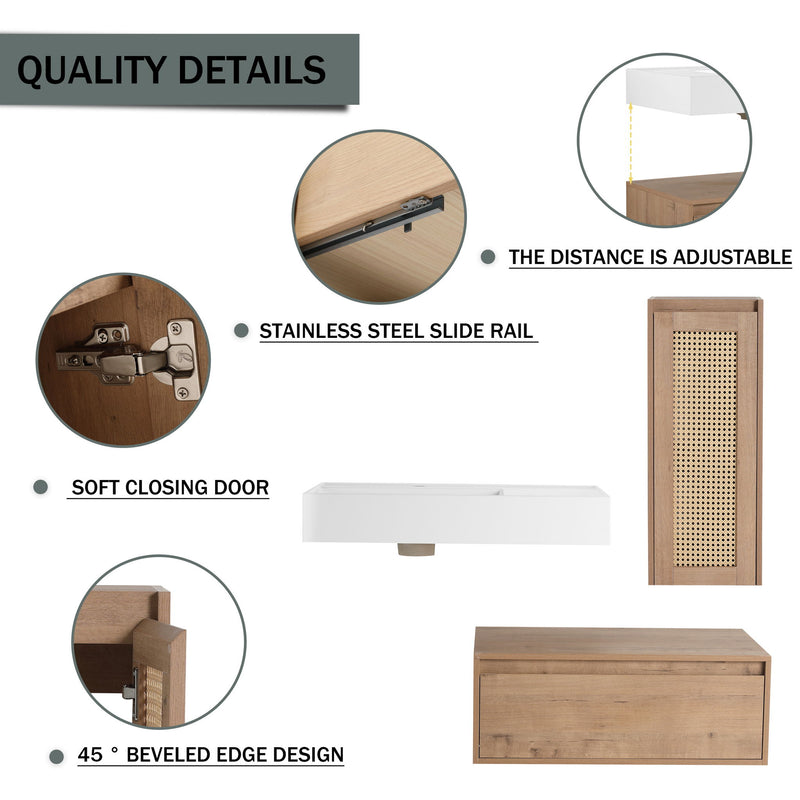Modern Imitative Wall Mounted Bathroom Vanity With Resin Sink And Side Cabinet