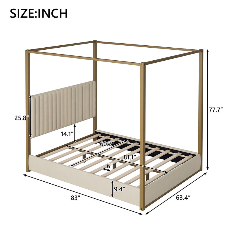 Upholstered Canopy Platform Bed With Frame, Queen Size - Beige
