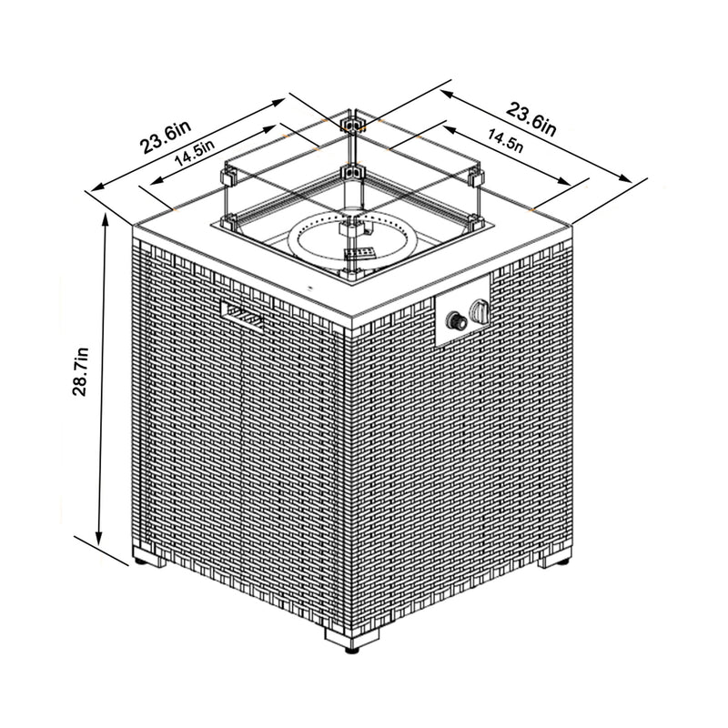 Propane Gas Square Fire Pit, Tile Tabletop With Beautiful Wicker Base For Outside