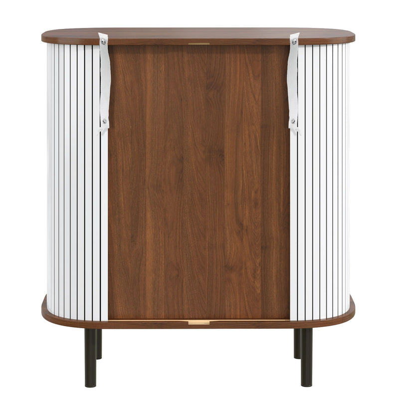 Fluted Wine Bar Cabinet With 8 Grid Wine Rack, 5 Level Adjustable Shelves, 2 Glass Holders