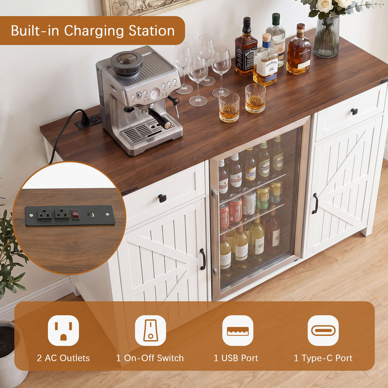 Coffee Bar With Mini Fridge Space & Built In Charging Station, Large Bar Cabinet With Drawers & Adjustable Shelves For Kitchen - White