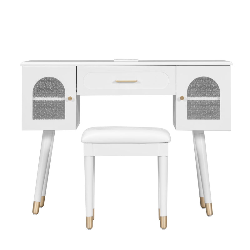 Elegant Vanity Makeup Table & Chair Set Modern Dressing Table With Organizer Writing Desk Charging Port Engineered Wood - White