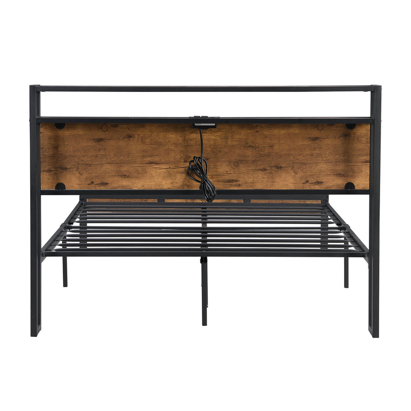 Platform Bed Frame With Wooden Headboard And Footboard, USB Liner
